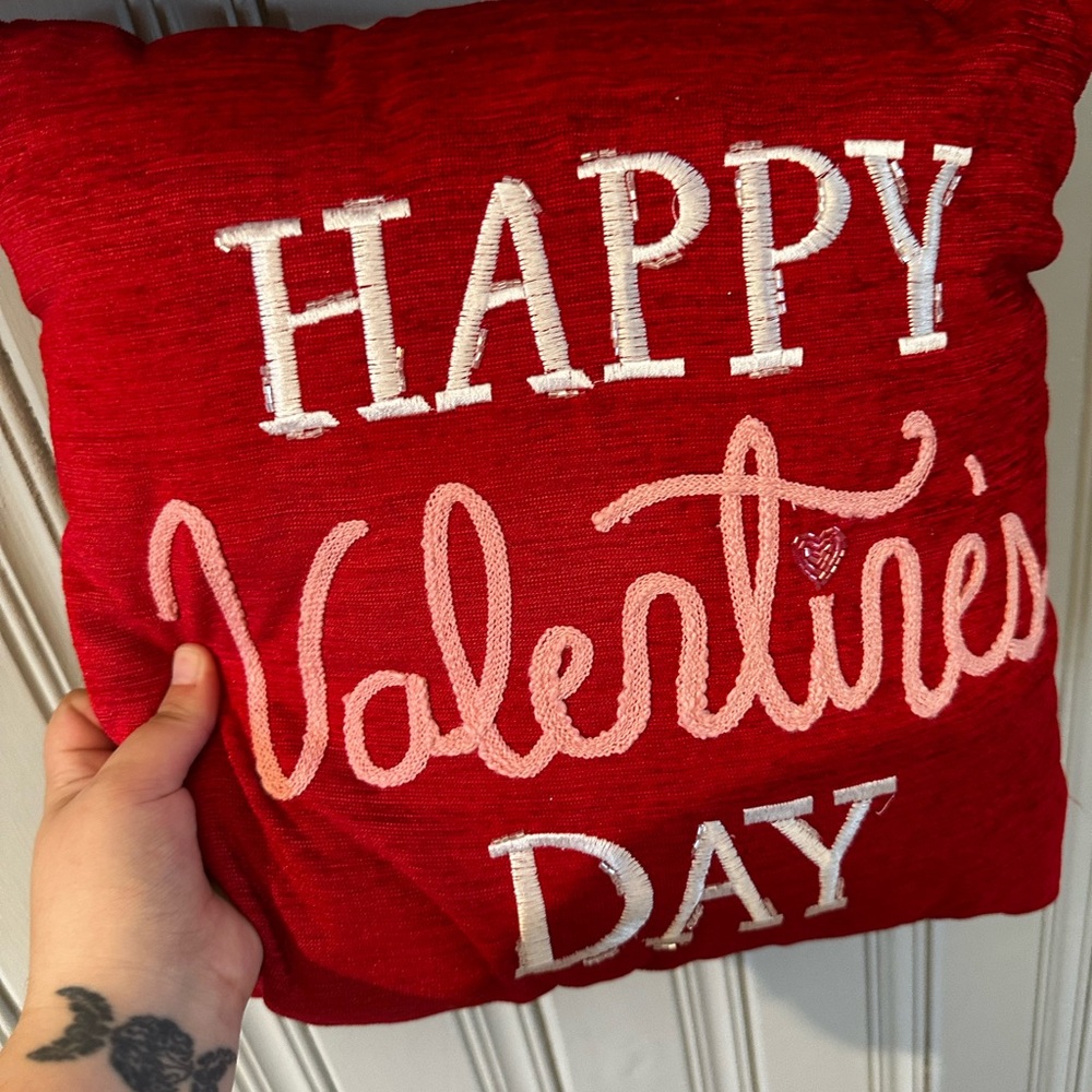 Valentine's Day Red Embroidered Holiday Pillow - Festive Home Accent